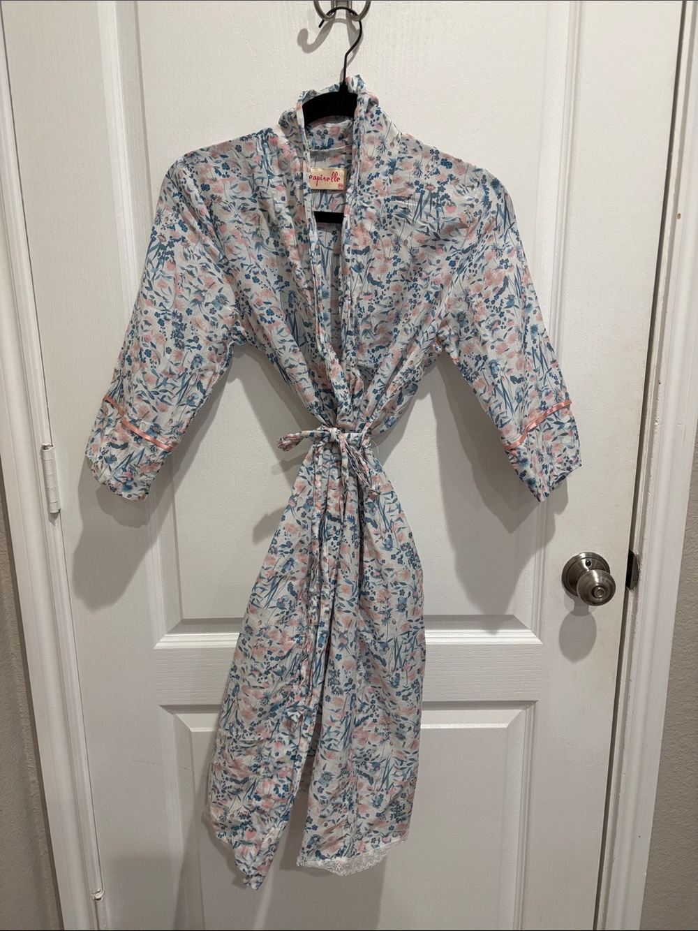 Papinelle Floral Silk Cotton Blend  Robe with Tie Belt in Light Blue & Pink